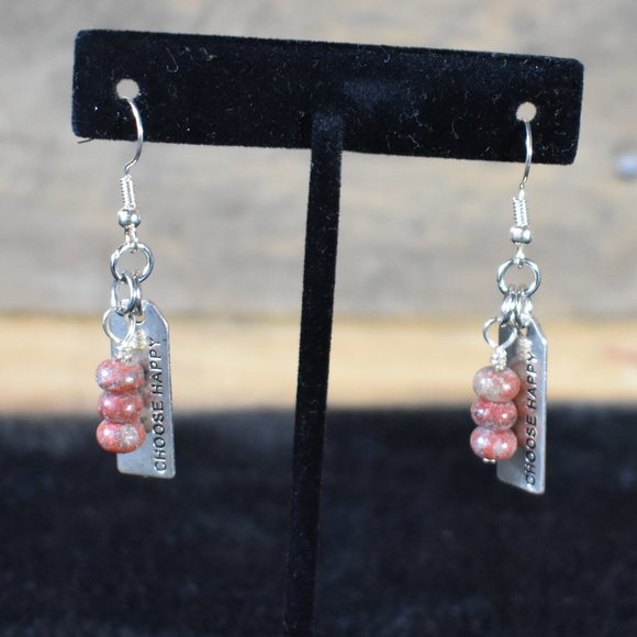 New Choose Happy and Red Jasper Bead Earrings - Picture 1 of 7